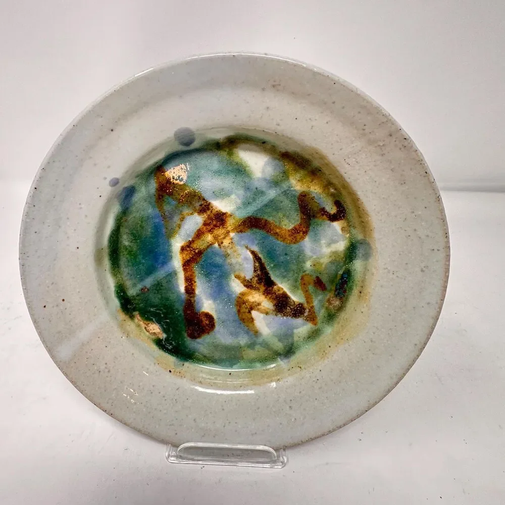 Vintage Studio Pottery Berry Bowl Strainer Planter Abstract Blue Green 7x1.5”